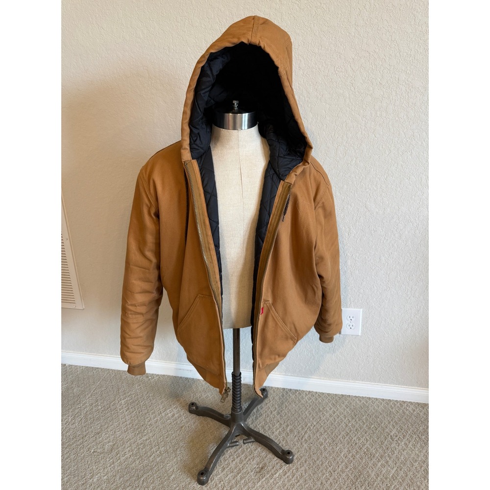 Dickies Mens XL Regular Duck Canvas Hooded Work Jacket Tan Quilted Lined Zip Up